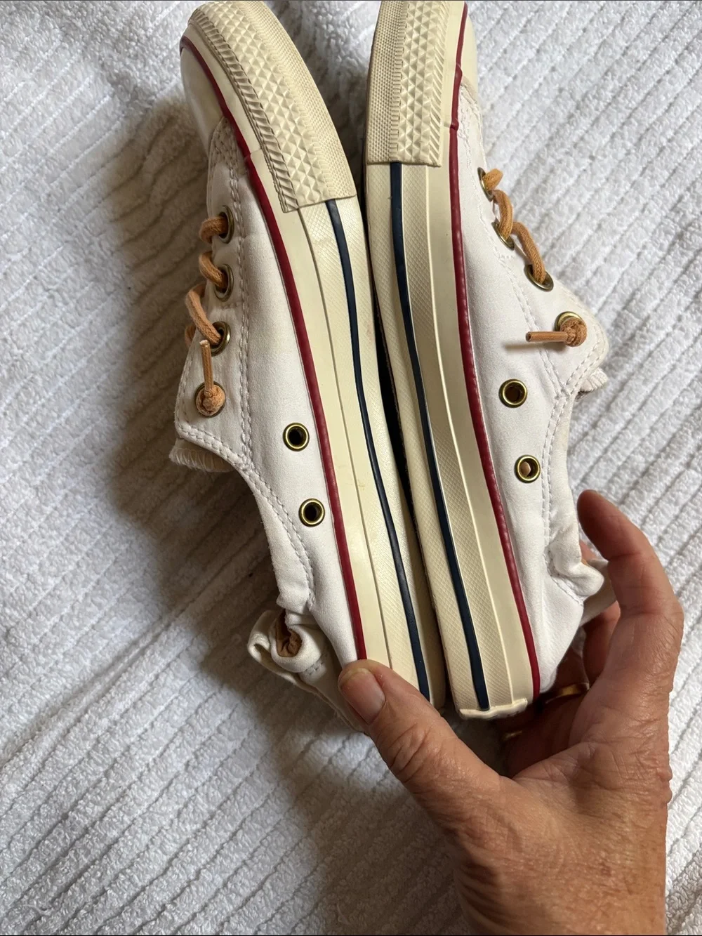 Converse Low-Top Canvas Sneakers in Cream with Tan Laces and Red Trim